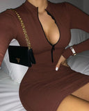 Knit Long Sleeve Zipper Design Bodycon Dress