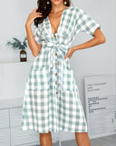 Grid Dual Pocket Buttoned Casual Dress