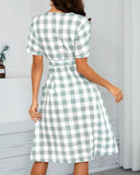 Grid Dual Pocket Buttoned Casual Dress