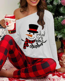 Christmas Letter Plaid Print Long Sleeve Pajamas Set