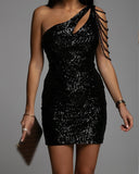 One Shoulder Cutout Allover Sequin Party Dress