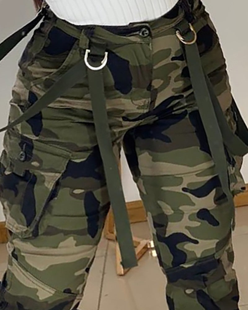 Camouflage Print Pocket Deisgn High Waist Cargo Pants