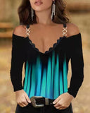 Ombre Cold Shoulder Chain Strap Long Sleeve Top