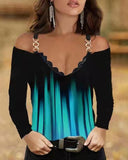Ombre Cold Shoulder Chain Strap Long Sleeve Top