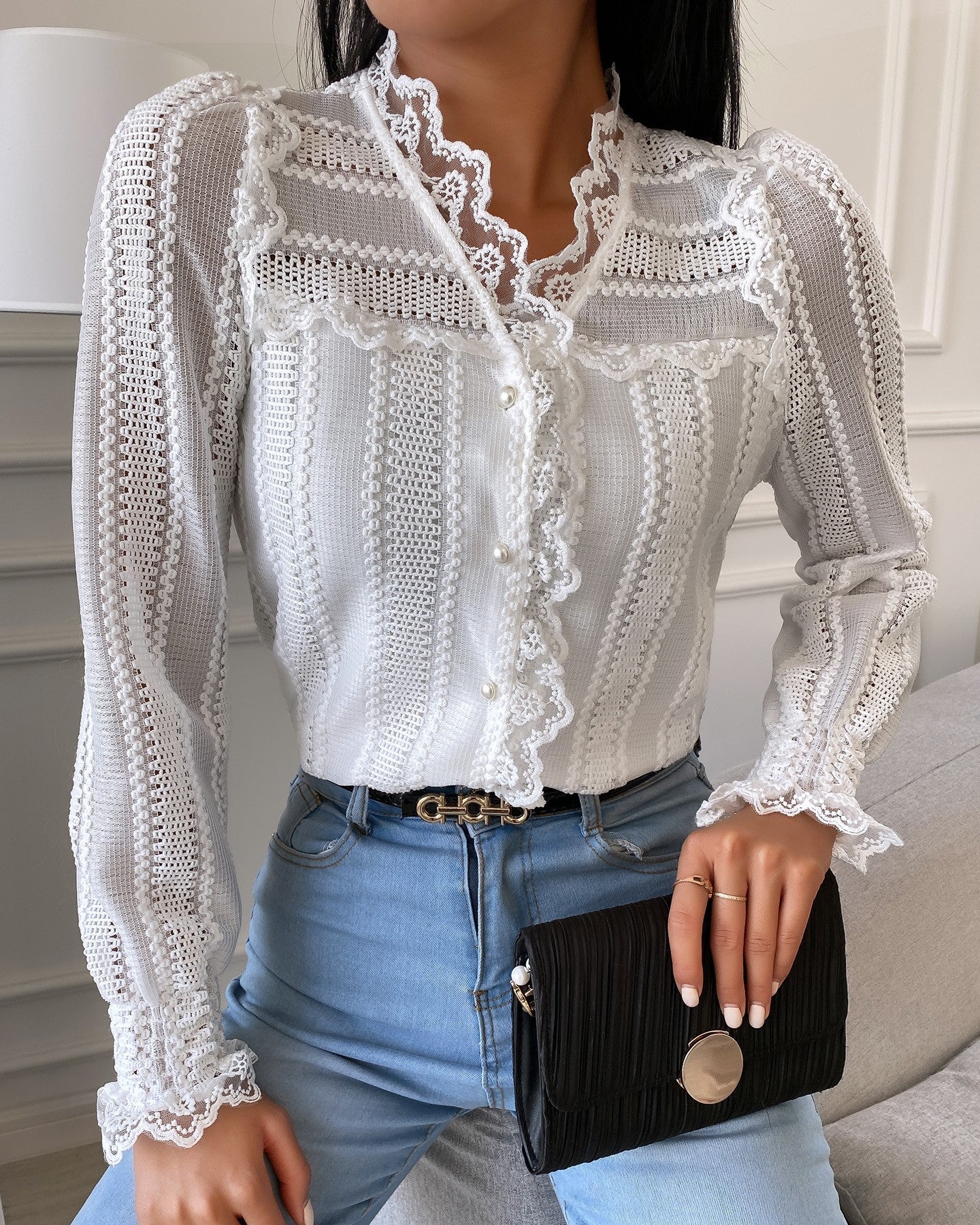 Plain Lace Trim Long Sleeve Shirt