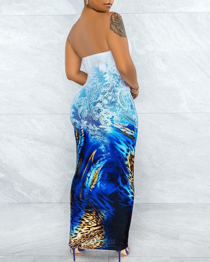 Cheetah Print Colorblock Bandeau Maxi Dress
