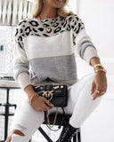 Leopard Patch Colorblock Long Sleeve Sweater