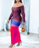 Ombre Colorblock Off Shoulder Bodycon Dress