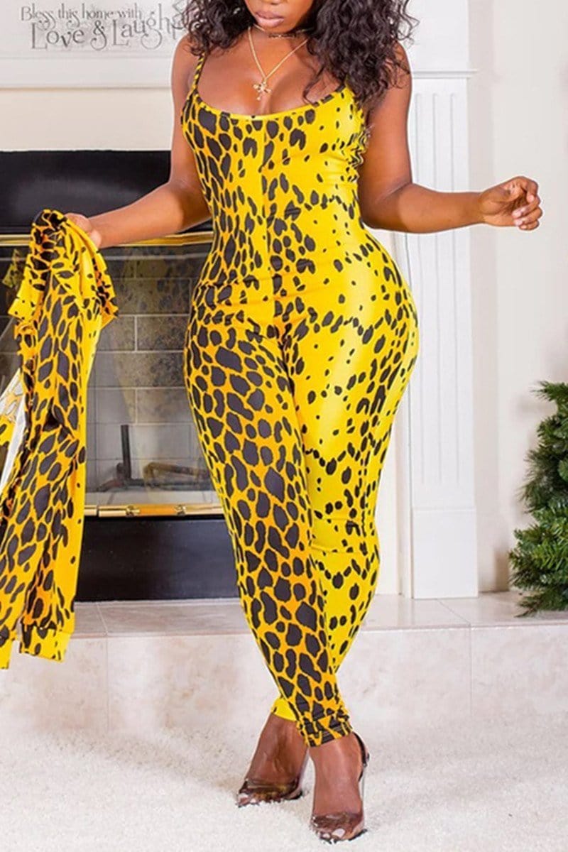 fashion leopard printing sling jumpsuit