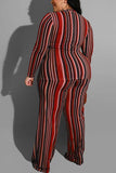 stripe print knitting large size wine red two piece suit