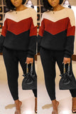 casual contrast color patchwork belted sweater two piece