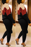 casual contrast color patchwork belted sweater two piece