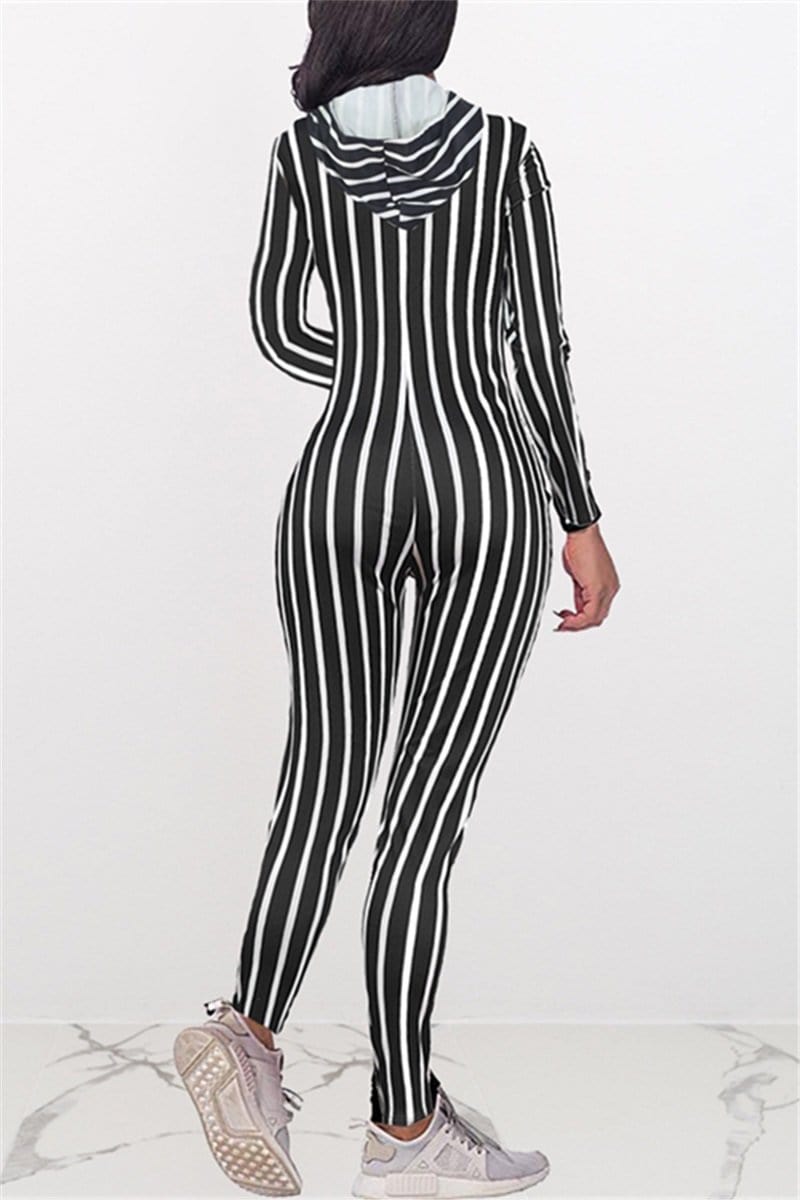 fashion striped printed hooded jumpsuit