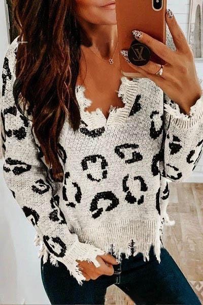 fashion loose leopard print white sweater