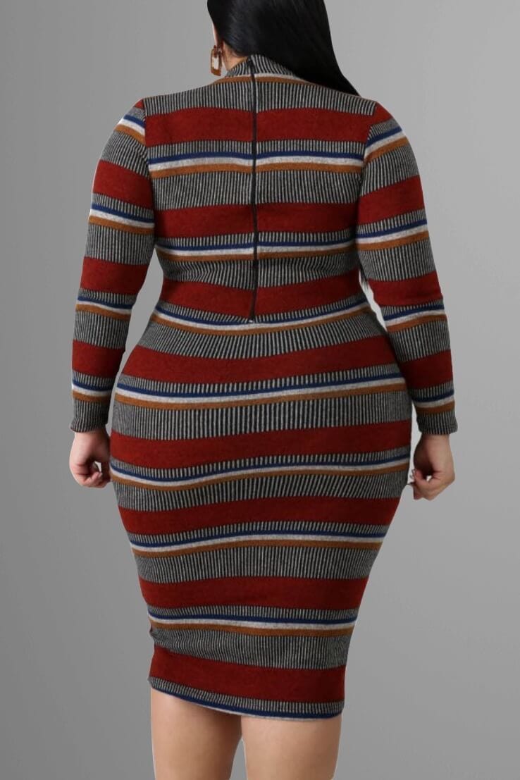 round neck long sleeve striped dress