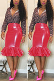 flounce design black pu knee length skirts