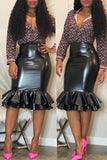 flounce design black pu knee length skirts