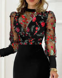 Embroidery Floral Contrast Mesh Bodycon Dress