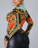 Baroque Print Long Sleeve Flap Detail Button Up Top