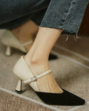 Pointed Toe Colorblock Suede Patch Buckled Heels
