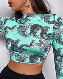 Dragon Print Long Sleeve Tied Detail Backless Top