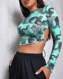 Dragon Print Long Sleeve Tied Detail Backless Top