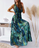 Tropical Print Tied Detail Cutout Back Maxi Dress