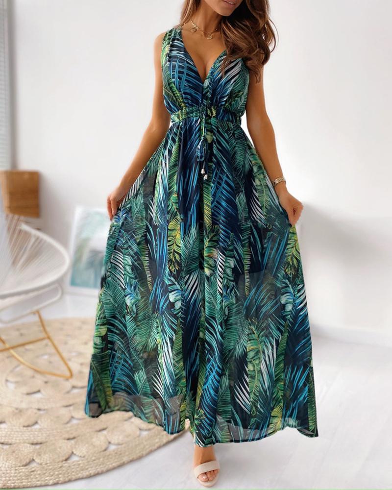Tropical Print Tied Detail Cutout Back Maxi Dress