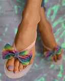 Colorblock Rhinestone Bowknot Flat Sandals