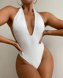Ribbed Halter Backless One Piece Swimsuit