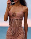 Backless Halter Knit O Ring Tassel Design Bikini