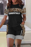 Casual Print Leopard Patchwork Letter O Neck Short Sleeve Two Pieces