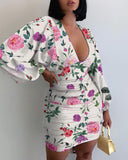 Floral Print Lantern Sleeve Ruched Bodycon Dress