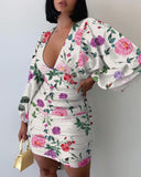 Floral Print Lantern Sleeve Ruched Bodycon Dress