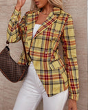 Lapel Collar Flap Detail Double Breasted Plaid Blazer