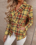 Lapel Collar Flap Detail Double Breasted Plaid Blazer