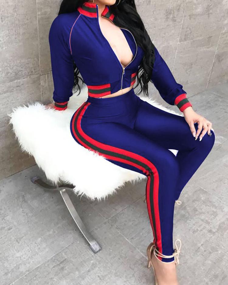 Zipper Up Striped Tape Cropped Tracksuit