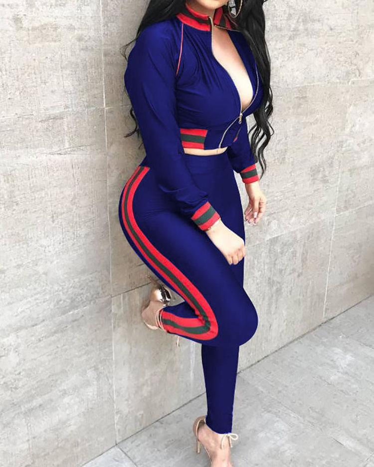 Zipper Up Striped Tape Cropped Tracksuit