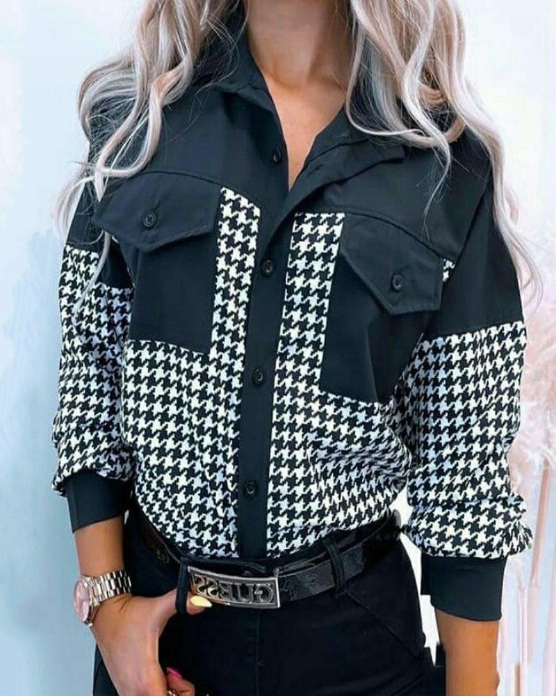 Houndstooth Pattern Button Front Flap Pocket Top