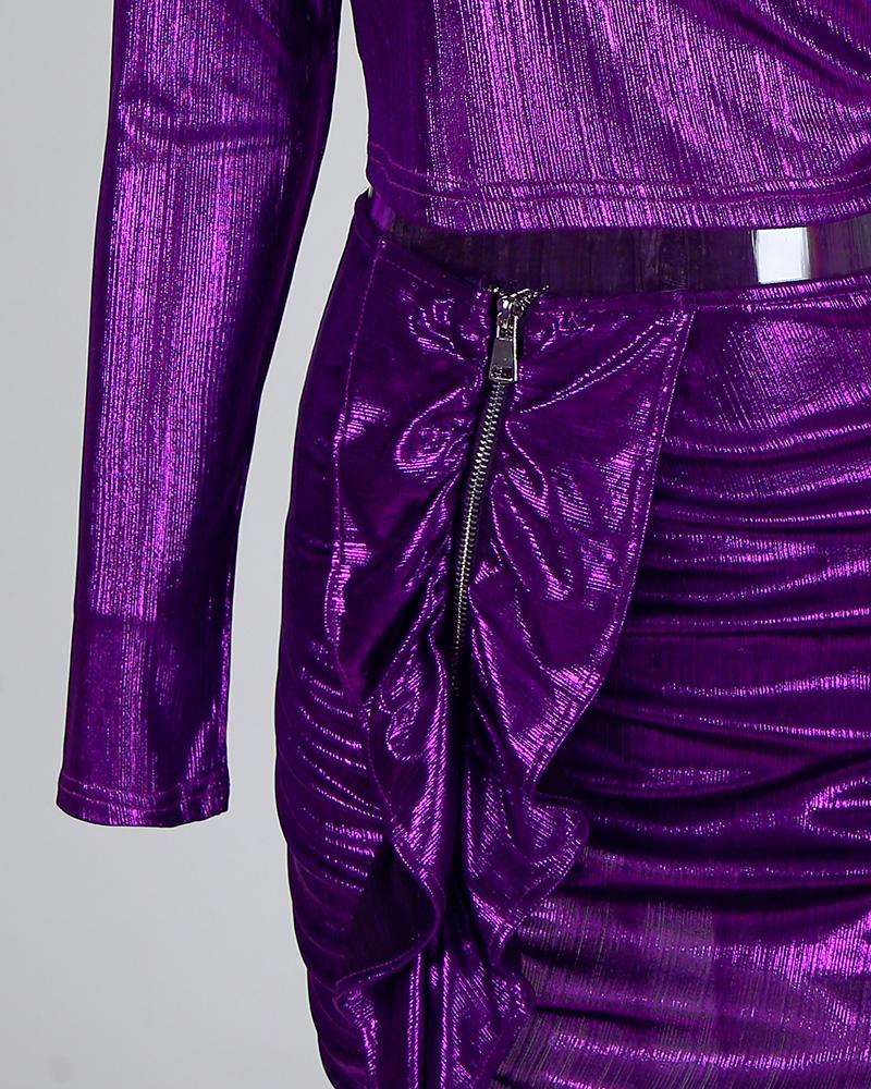 Shiny One Shoulder Top & Frill Detail Skirt Sets