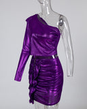 Shiny One Shoulder Top & Frill Detail Skirt Sets