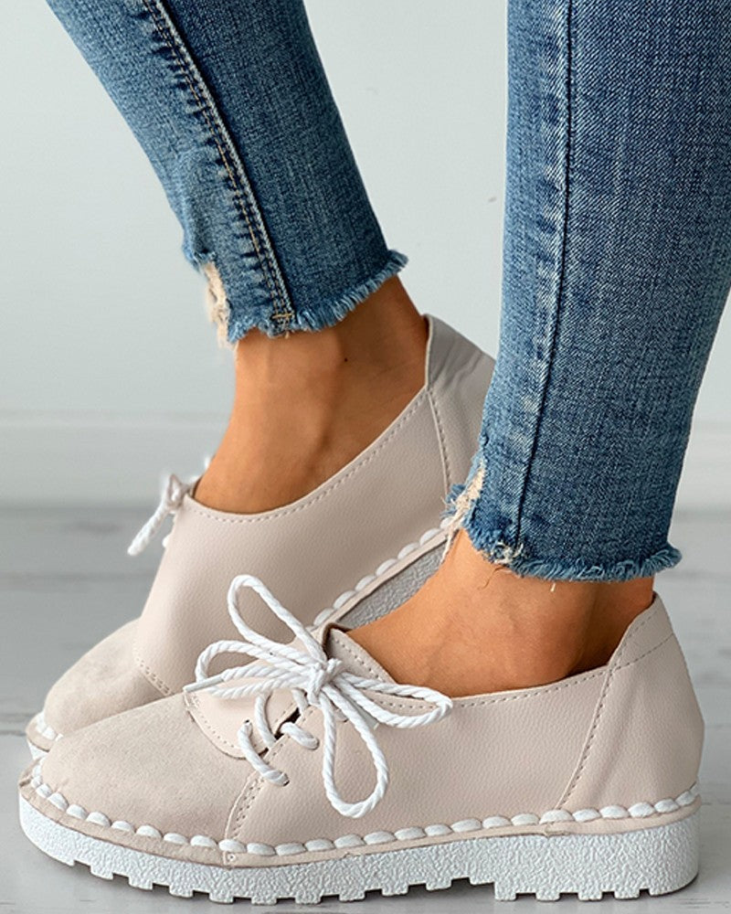 Colorblock PU Patch Lace up Suede Slip On Flats