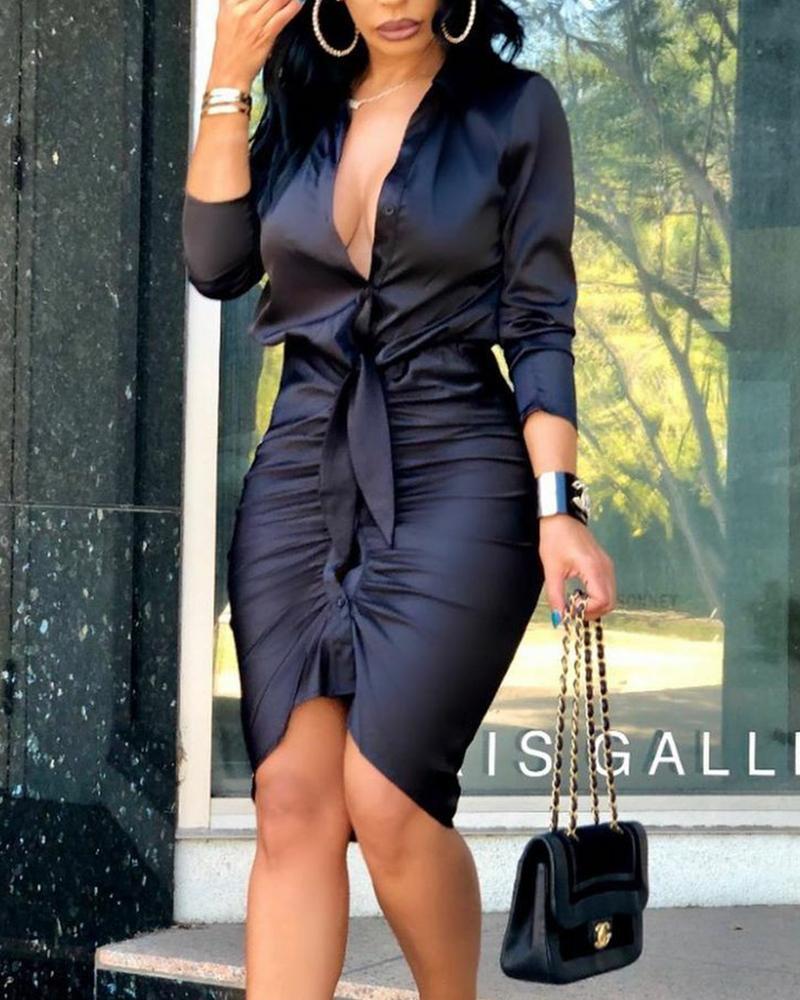 Lace up Solid Color Long Sleeve Midi Dress