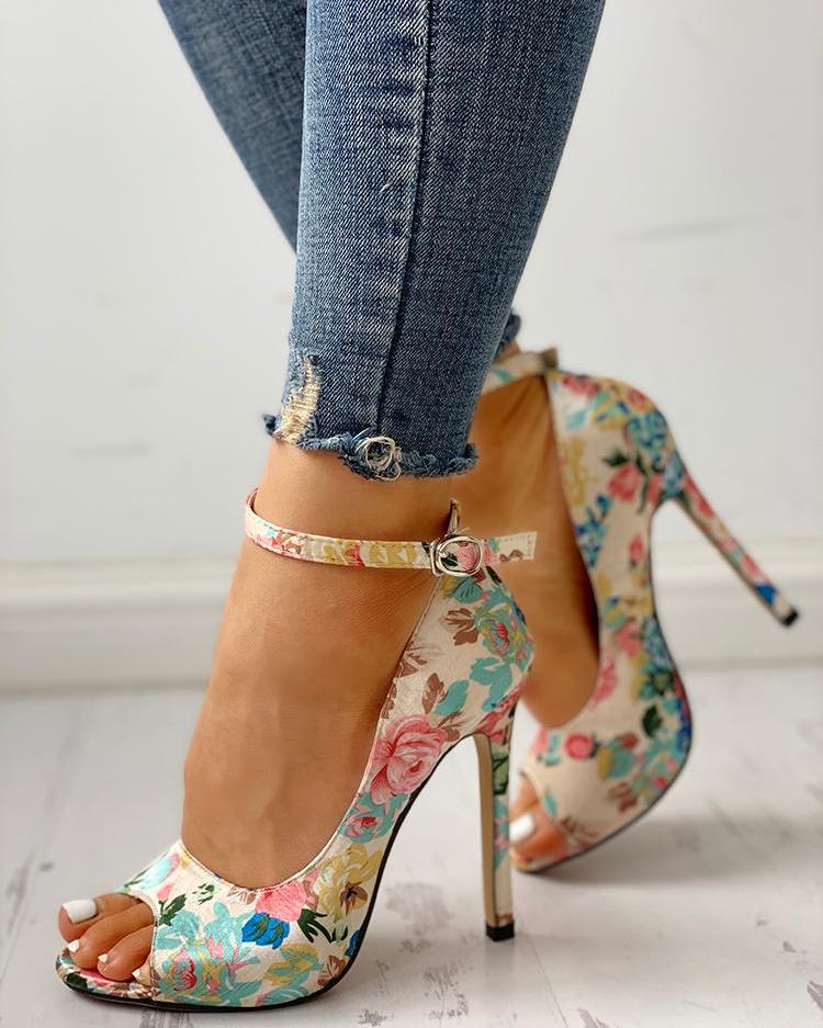 Floral Peep Toe Ankle Strap Heeled Sandals