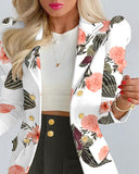 Floral Print Puff Sleeve Double Breasted Blazer & Skirt Set