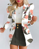 Floral Print Puff Sleeve Double Breasted Blazer & Skirt Set