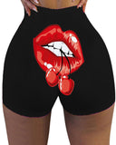 Lip Heart Print High Waist Butt Lifting Yoga Shorts