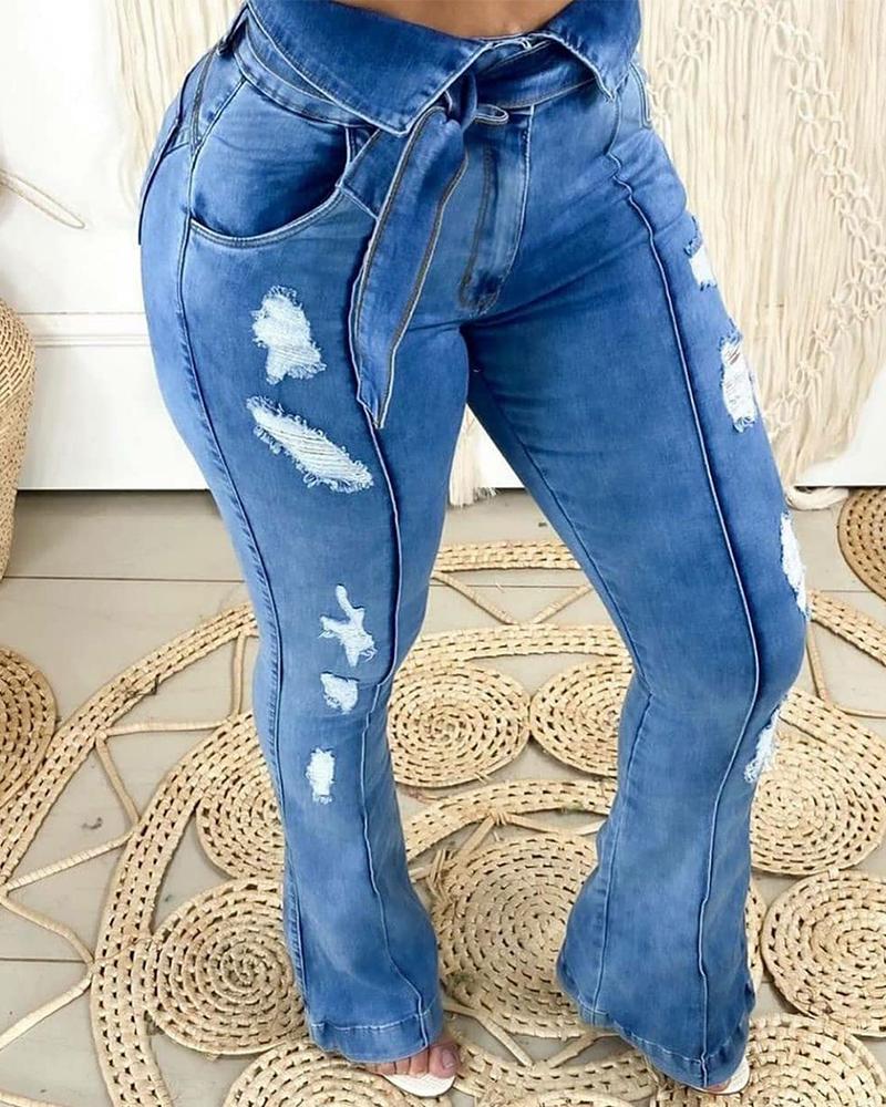 Solid Ripped Lace up Skinny Bell Denim Pants