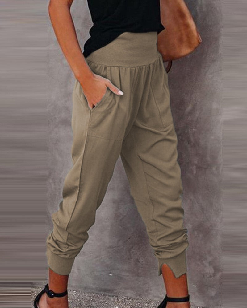 High Waist Pocket Design Casual Pants