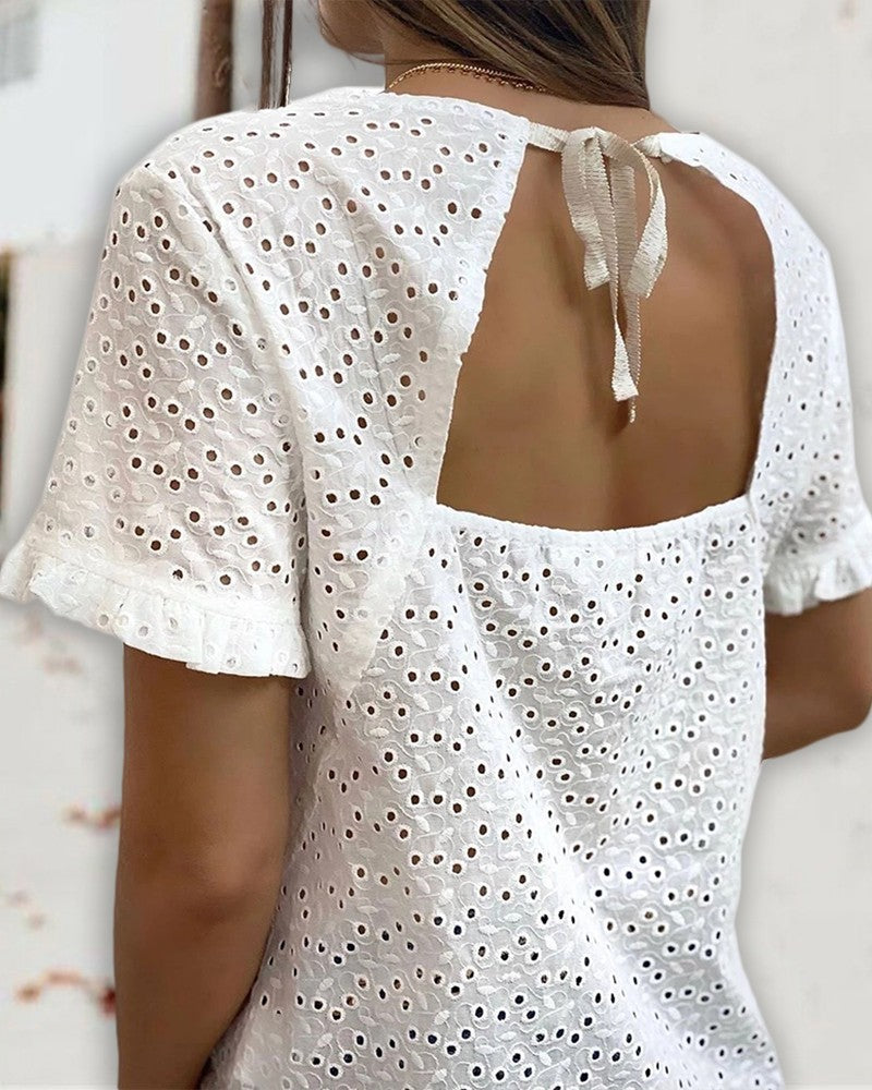 Eyelet Embroidery Backless Tied Detail T shirt